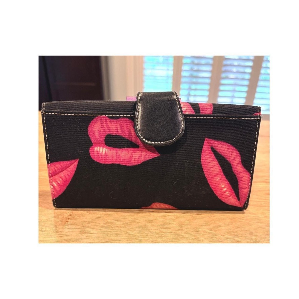 Pink Lips Kiss Print Trifold Wallet Black Canvas ID Window Card Holder Organizer